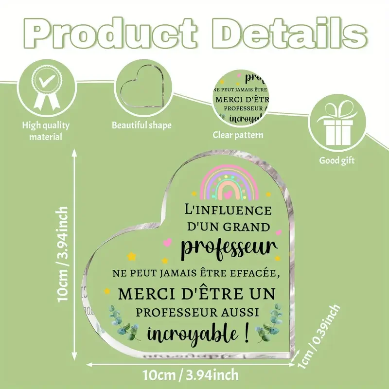 2D Flat, 1pc Heart-Shaped Acrylic Desktop Decoration - Teacher Appreciation Gift with French Inspirational Quote, Multicolor