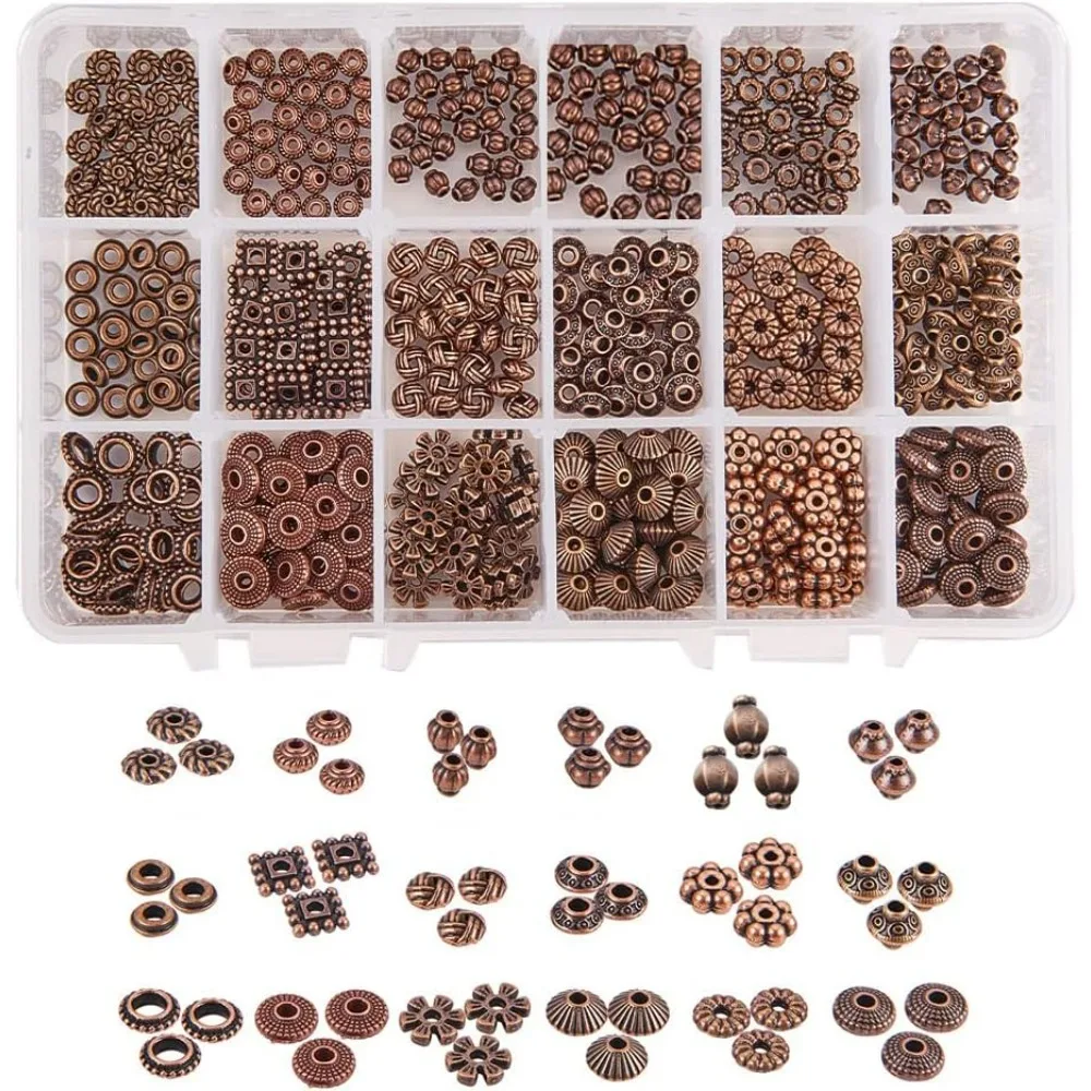 540pcs Spacer Beads 18 Styles Red Copper Spacer Flat Alloy Bead Spacers Jewelry Loose Metal Craft