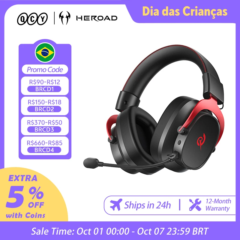 Fone QCY Headset Gamer Sem Fio Heroad VT200 com Microfone Destacável, Som Surround 7.1 Tri-Modo para PC/PS4/PS5