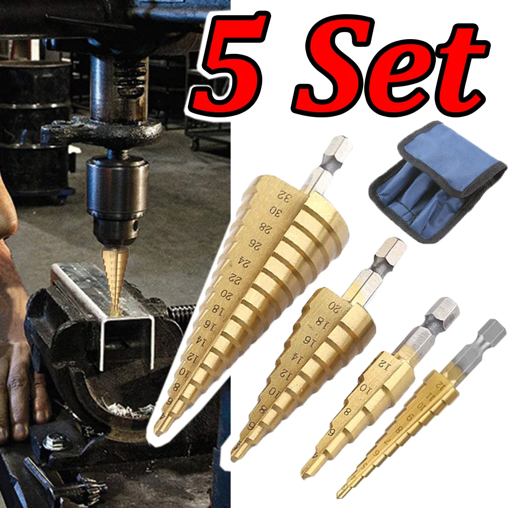 

1-5Set HSS Titanium Coated Step Drill Bits 3-12 4-12 4-20 4-32mm Hex Core Pagoda Drill Bit for Hole Drilling Metalworking