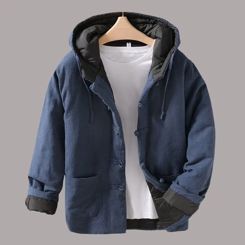 Mens Hooded Warm Winter Thicken Cotton Padded Jacket Chinese Style buckle Cotton Linen Parka Coat Trench Windbreakers