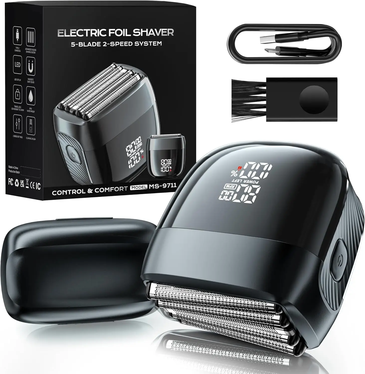 

Электробритва для мужчин с 5 лезвиями, перезаряжаемая, водонепроницаемая (IPX8), для влажного и сухого использования, с LED-дисплеем и быстрой зарядкой через USB-C