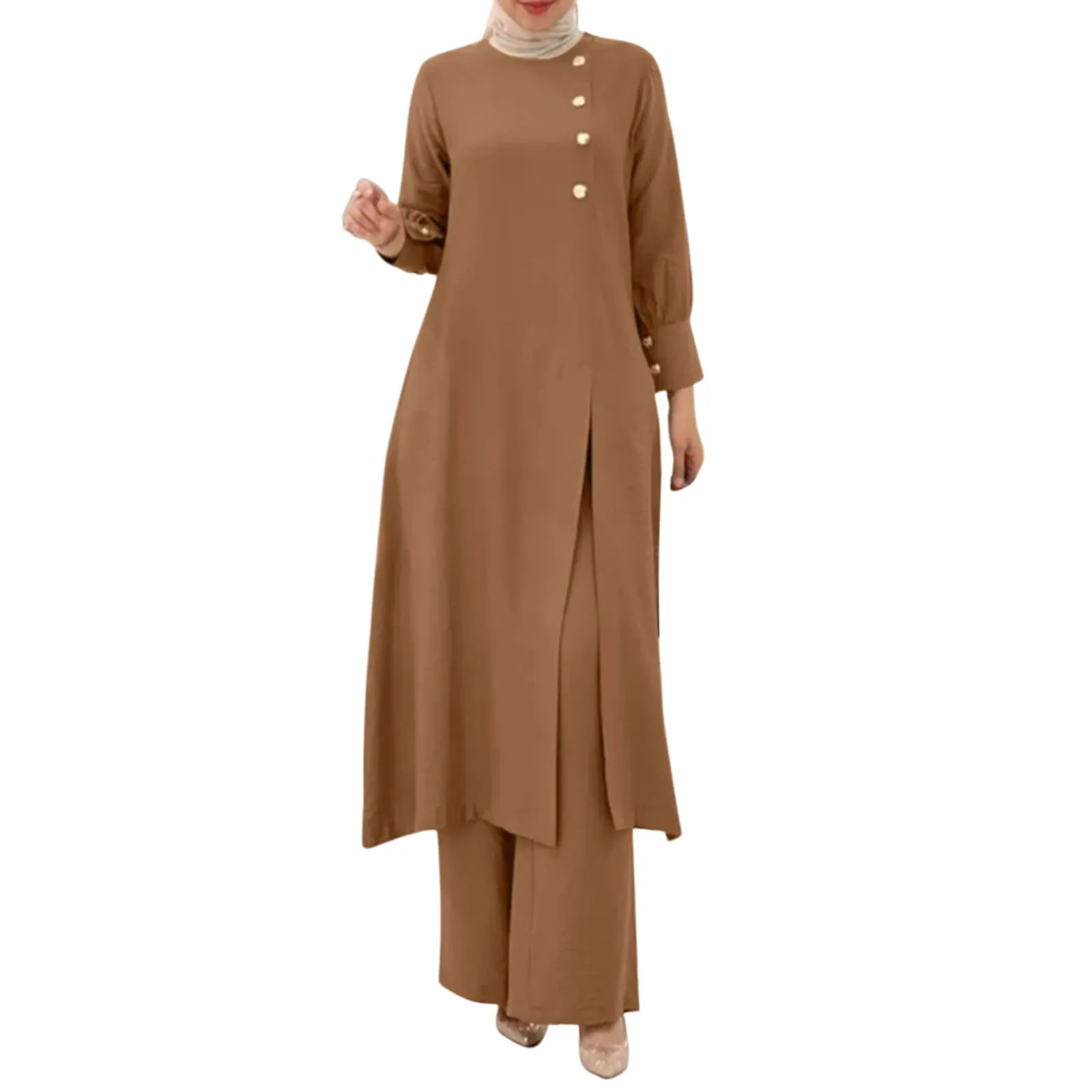 

Women's Muslim Two Piece Suit Fashionable And Elegant Solid Color Irregular Long Shirt Top With Wide Leg Pant Suits for Women