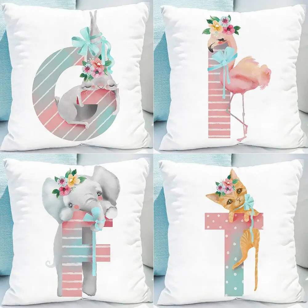 

Rabbit Elephant Print Cushion Cover Cute Cartoon Animal Children's Room Decoration Fashion English Letter A-Z Pillowcase