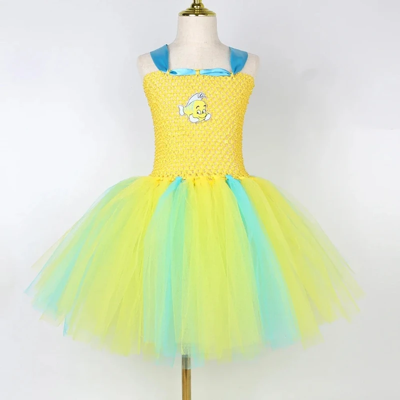 The Little Mermaid Flounder Costumes for Baby Girls Princess Cartoon Fish Tutu Dress Kids Birthday Halloween Party Outfit Sets