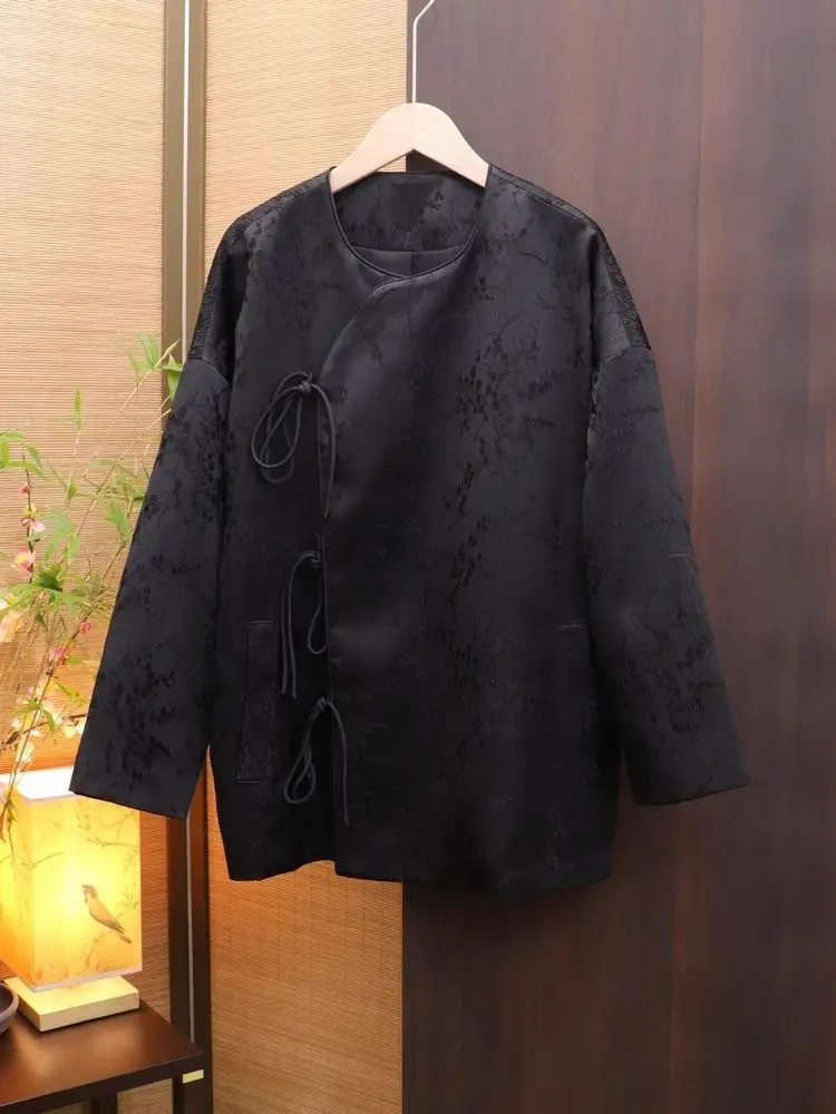 

Fashionable Chinese Style Jacquard Shirt Jacket Women's Top Round Neck Long Sleeve Lace-up Buckle Vintage Loose Blouse Coat
