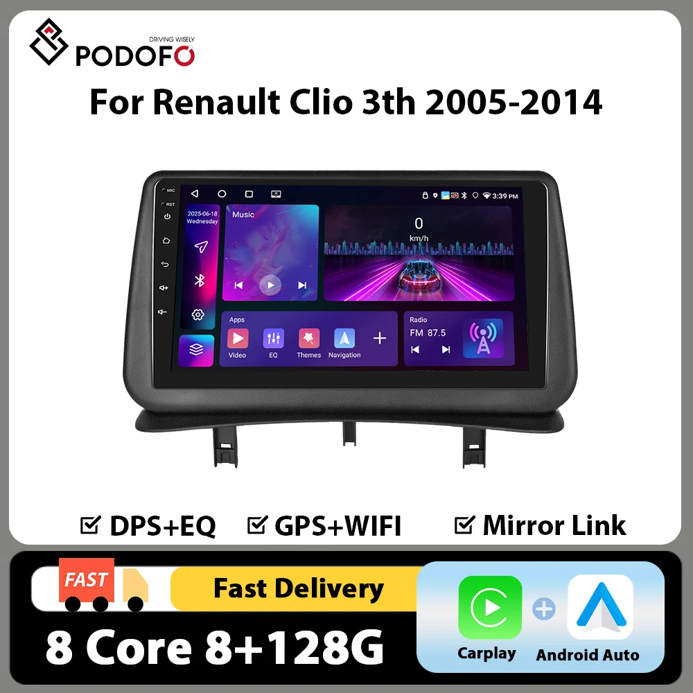 Radio para coche Podofo de 9'' con Carplay y Android Auto para Renault Clio 3ª generación 2005-2014, reproductor multimedia para coche, 8+128G, 8 núcleos, GPS, 4G, WIFI, BT, RDS