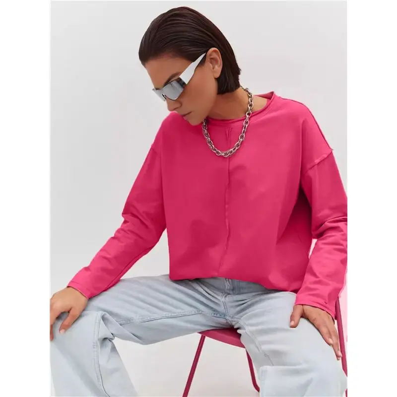 YLS- تي شيرت نسائي كبير الحجم بأكمام طويلة تي شيرت أساسي برقبة دائرية ملابس خريفية غير رسمية للتمرين Y2K