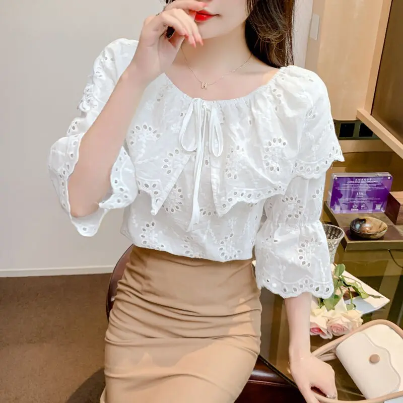 Women Ruffles Hollow Lace Embroidery Blouses Summer Trendy Lace Up Chic Sweet Shirts Solid 3/4 Sleeve Tops Blusa Mujer Moda 2023