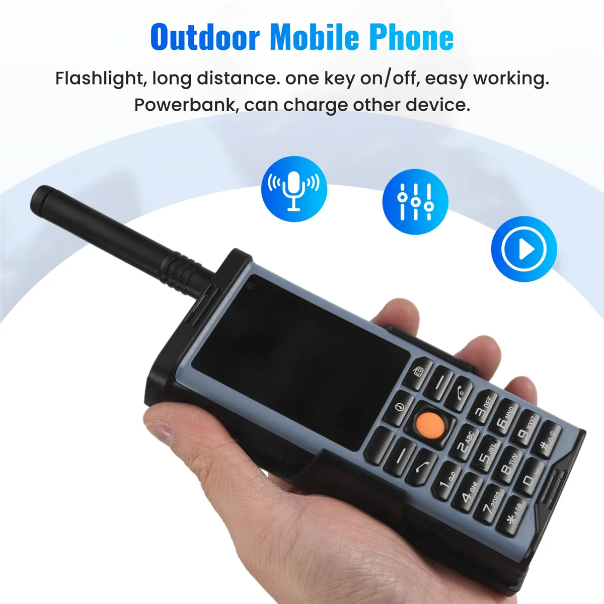 New Tech Rugged Outdoor Mobile Phone Big Power Long Standby Antenna Good Signal Four Sim Cards 3D Box Speaker Ebook -Light Blue view 6