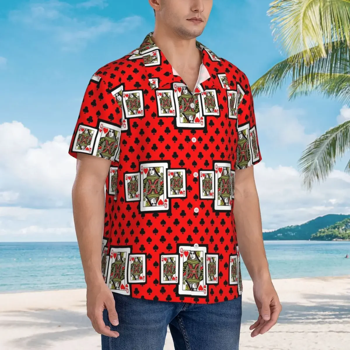 Casino Nights Red Queen Of Hearts Hawaiian Shirts Casual Men Short Sleeve Shirt for Summer Beach Men's Button Tops