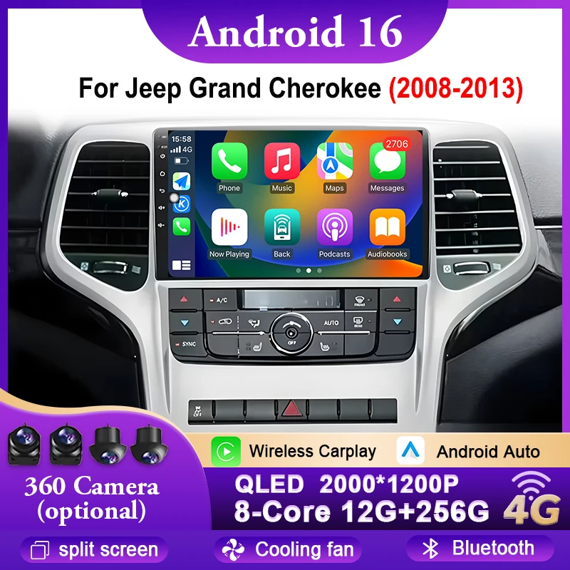 Radio para Auto Jeep Grand Cherokee 2008-2013, Navegación GPS, Reproductor Multimedia Android Auto, Estéreo Bluetooth, Pantalla Dividida, WIFI 4G