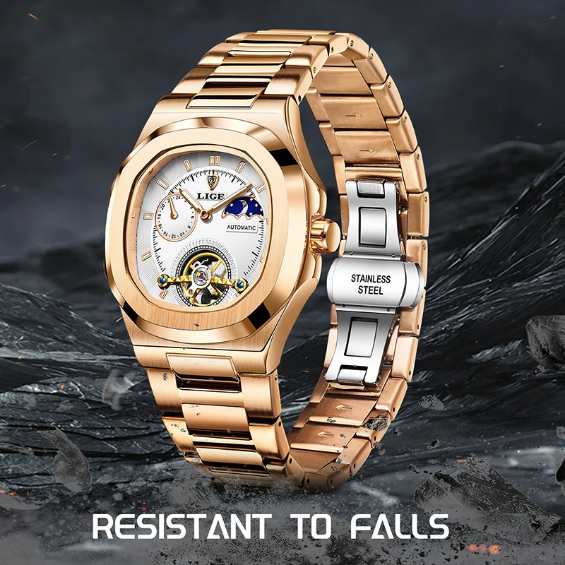 LIGE original new 2024 men's tourbillon watch mechanical watch stainless steel luminous waterproof watches for men reloj hombre