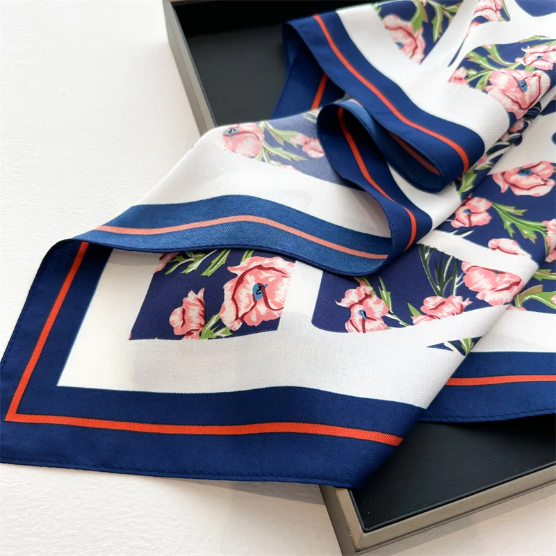 Korean Style New Printed Flower Women Scarf 90cm Large Square Scarves Twill Silk Headscarf Shawl HIjab Muslim