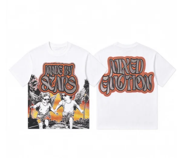 2026new tee with retro sunset angel portrait orange-black gothic font prints on front back washed black base unisex loose street