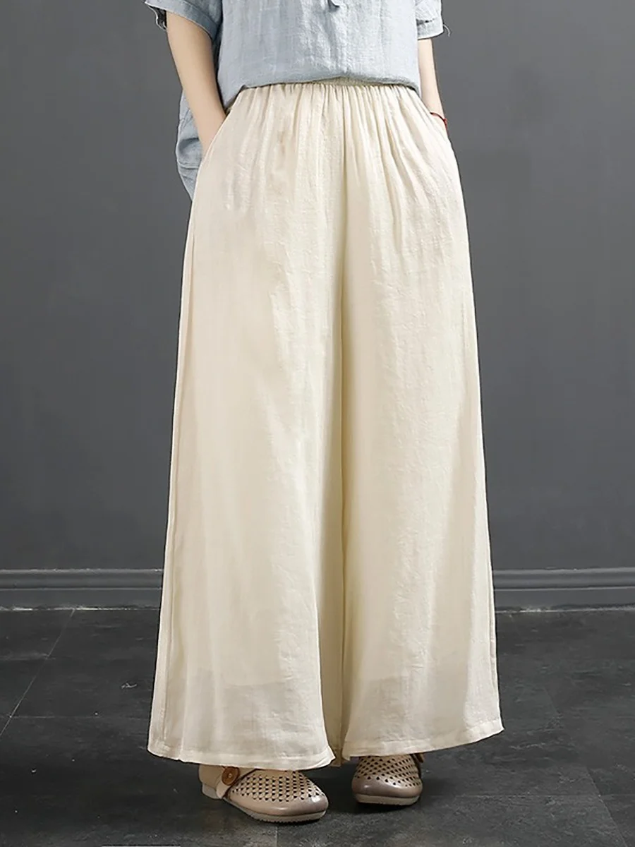 예술적인 캐주얼 코튼 린넨 와이드 레그 팬츠, 신축성 있는 허리, 슬림핏 플러스 사이즈 루즈핏 나인 포인트 바지, 단색