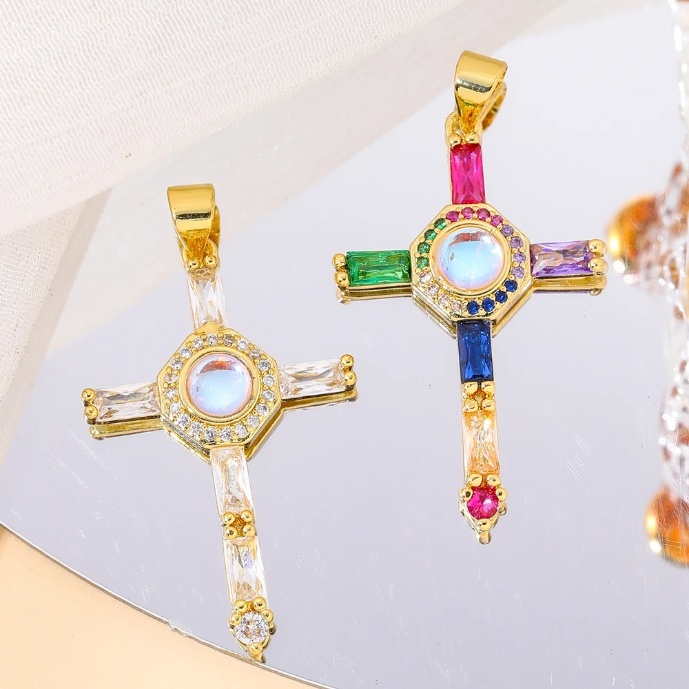 Juya 18K Real Gold Plated Micro Pave Zircon Handmade Catholic Christian Crosses Charms For DIY Religious Rosary Jewelry Making