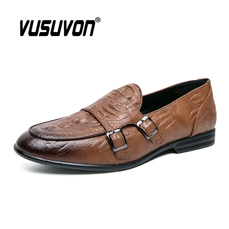 Fashion Men Loafers Shoes Brown Black Breathable Casual Double Buckle Monk Mocassins Cuir Pour Hommes Split Leather 38-47