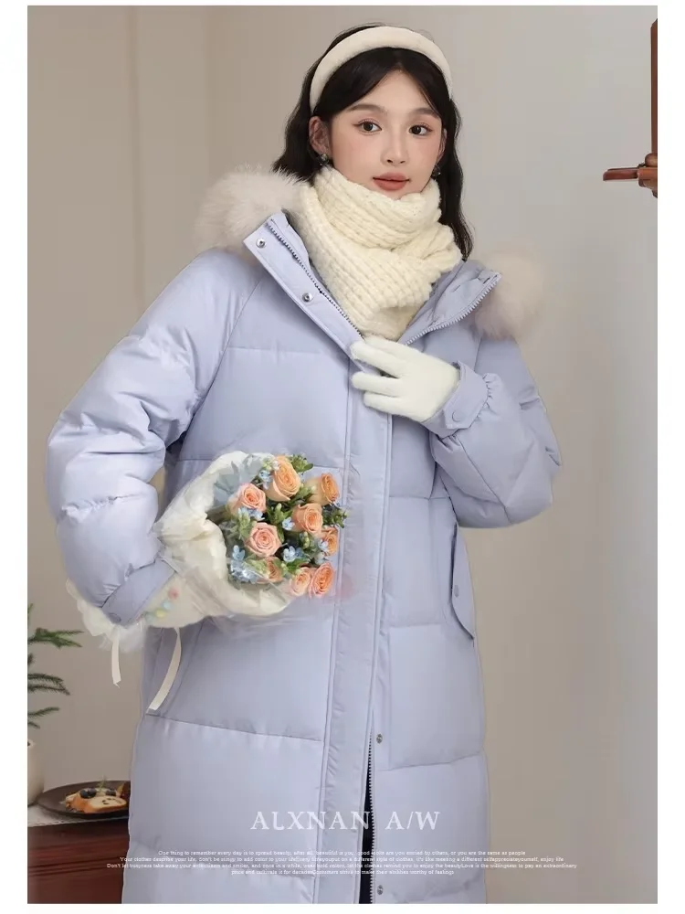 ALXNAN ロングダウンジャケット ライトブルー レディース 冬用 フード付き 厚手 暖かい ダウンジャケット 2025 ミドル丈 エレガント コート 女性用 LXN325179
