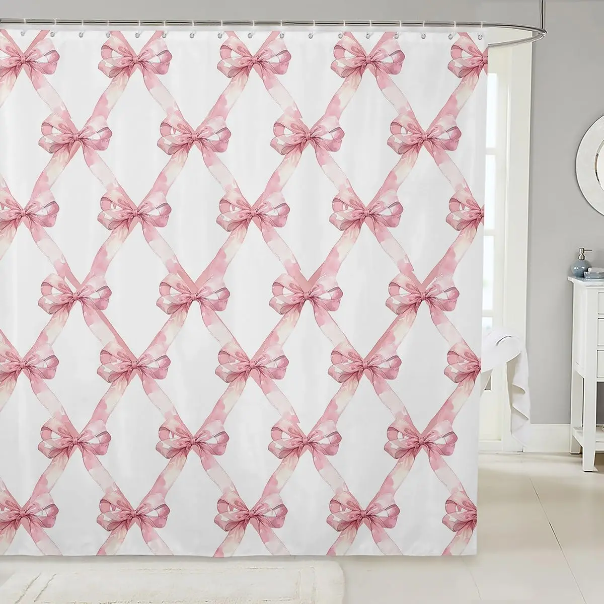 Fantasy Bow Shower Curtain Princess Style Girl Cute Bow Modern Minimalist Geometric Purple White Checkerboard Bathroom Decor Set