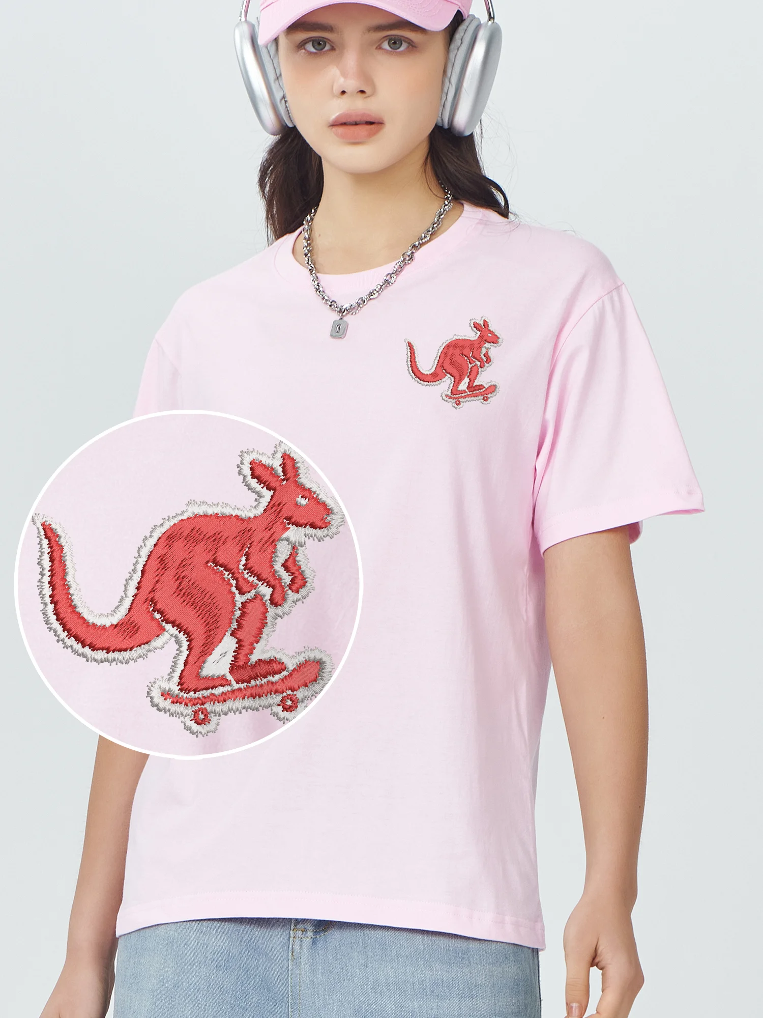 Kangaroo Playing Skateboarding Embroidered Tops Unisex Casual Wear Funny Graphics Embroidery Design Short Sleeve
