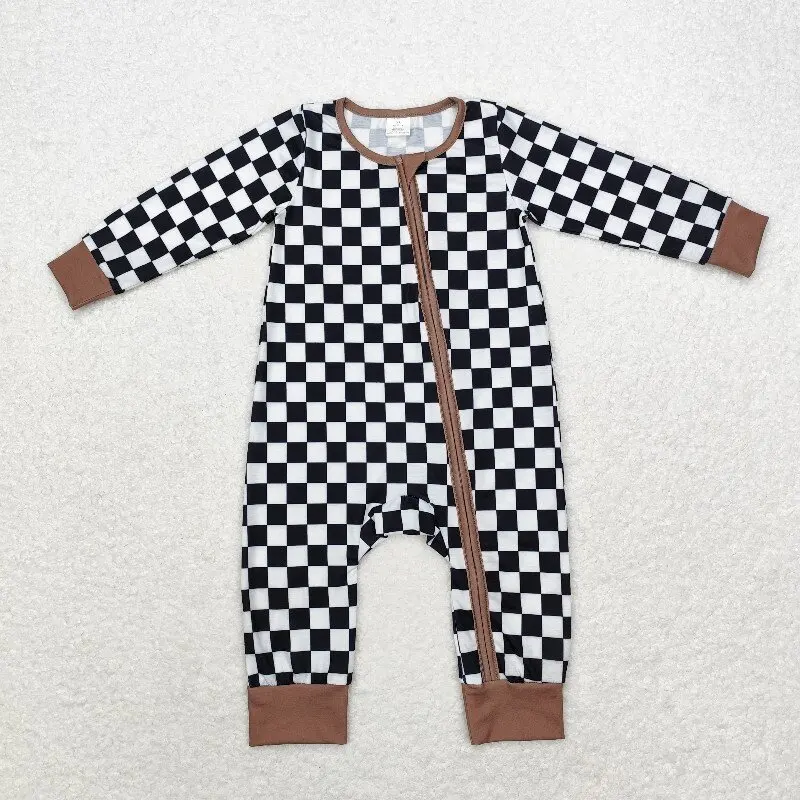 Bamboo black and white plaid zipper long-sleeved bodysuit for boys winter baby romper wholesale boutique