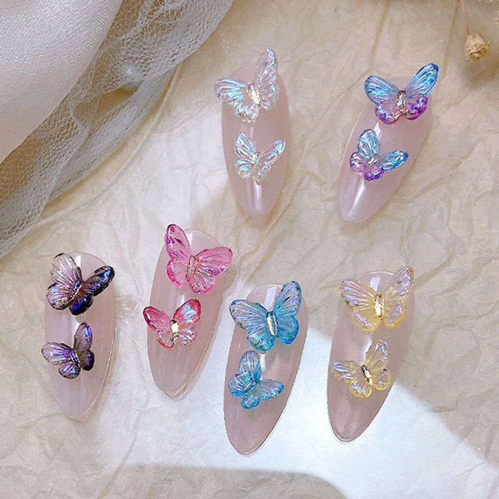 60Pcs Mixed Colors Crystal Butterfly Nail Art Charm Aurora Sparkling Gradient Butterfly Nail Decoration DIY Cute Nail Ornament