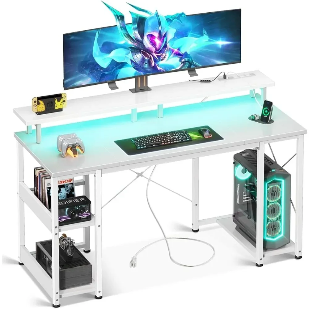 

48 inch Gaming Desk with LED Lights Power Outlets,Computer Desk with Monitor Stand Storage Sheves,CPU Stand,Office Desk,White