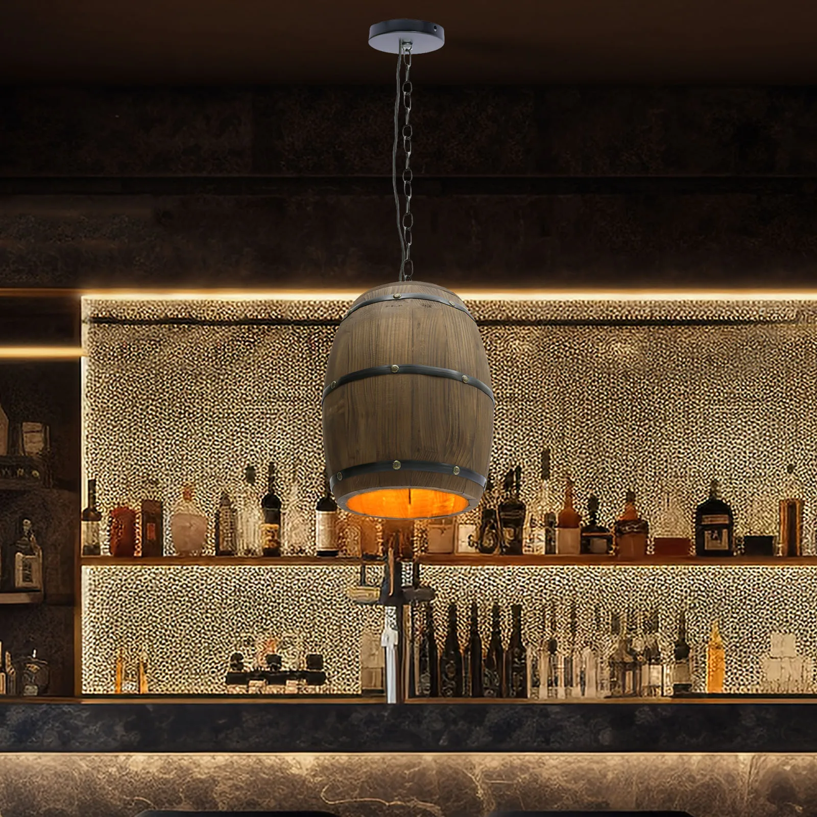 

Barrel Pendant Lamp, Chandelier, Wood Hanging Light Fixture, Vintage Bar Cafe Ceiling Lighting, Iron Chain, Home Decor