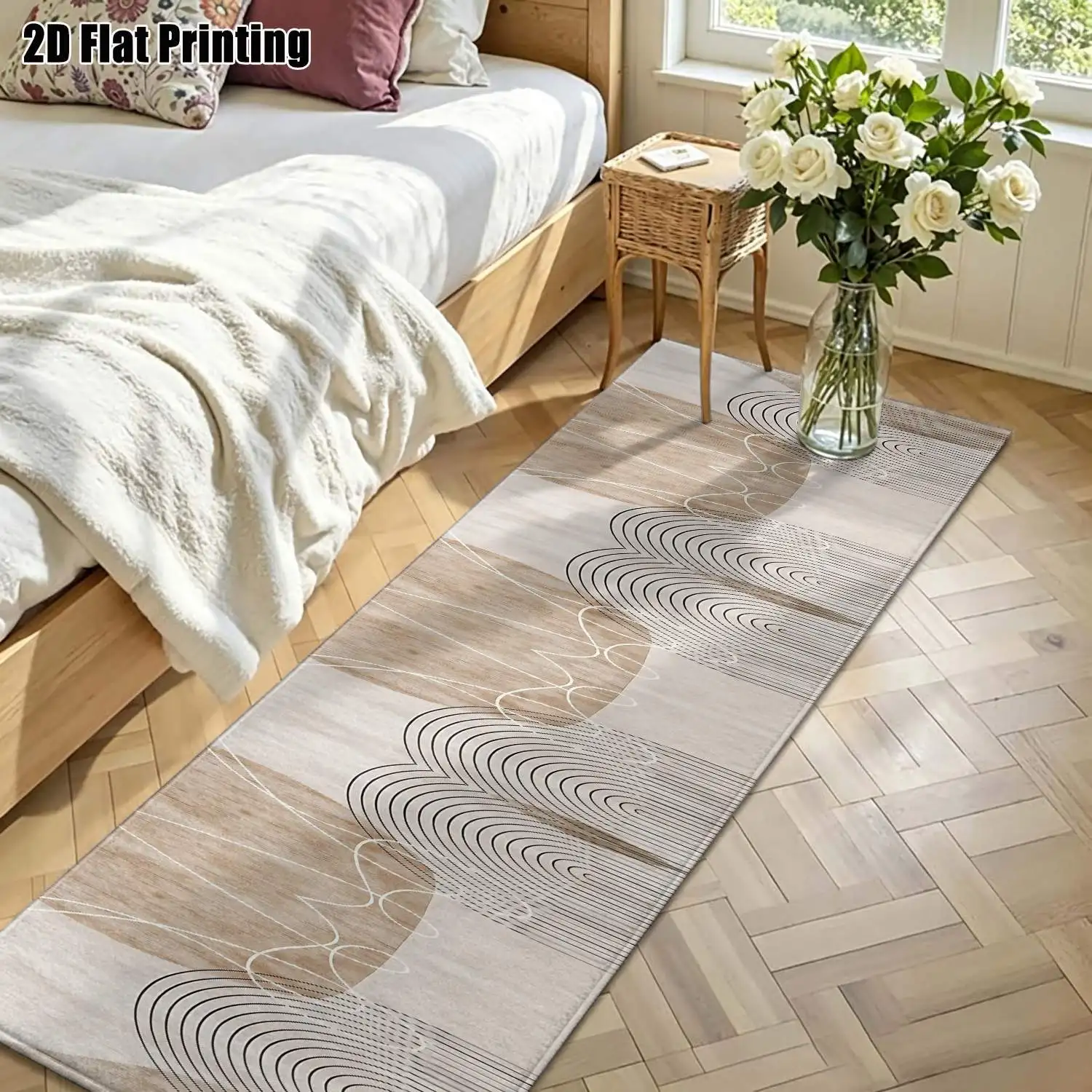 1Pc 2D Printed Long Strip Rug, Beige-Gray Geometric Line Patterns Nordic/Modern Minimalist/European/Bohemian Style, Home Decor, Multi-Size, Machine Washable, for Entryway, Hallway, Living Room, Bedroom.