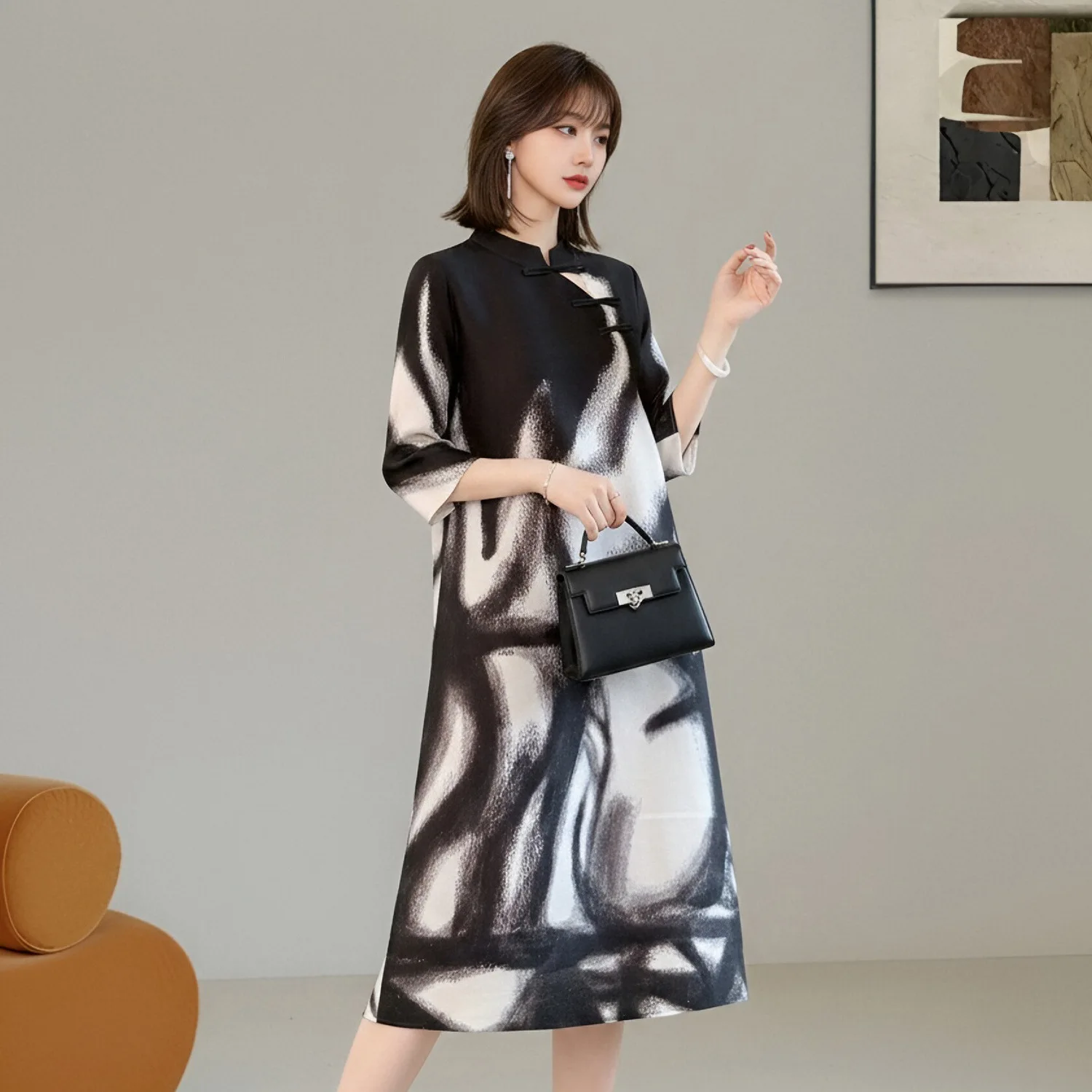 Miyake Pleated Women's Casual Dresses 2026 New Summer Contrasting Print Elegant Stand-up Collar Mid-sleeve Mid-length Skirt