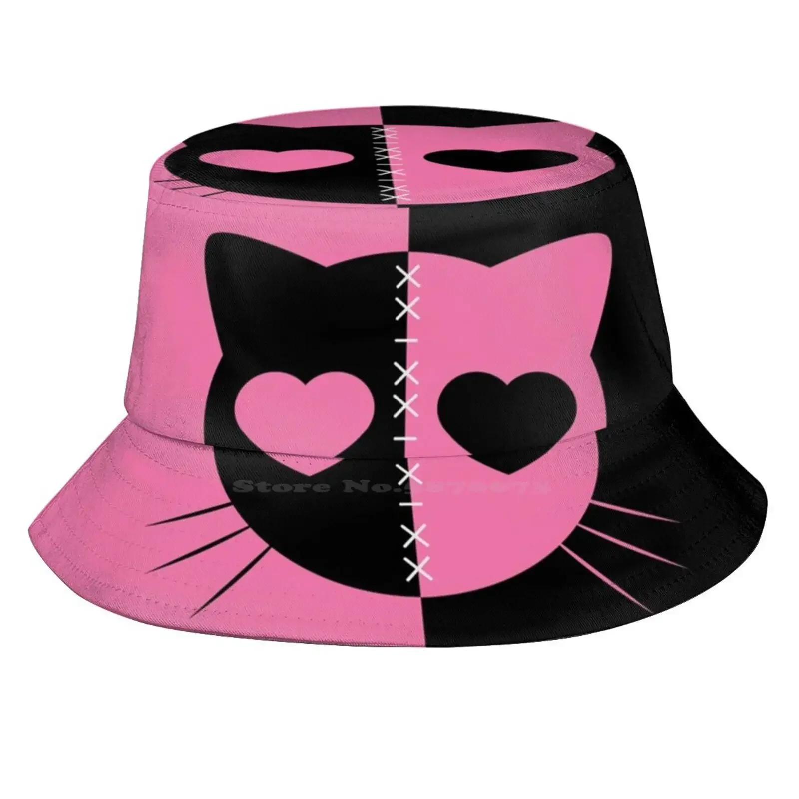 Emo Cat Sun Cap Fisherman Hat Bucket Hats Kawaii Emo Pastel Goth Creepy Cute Hearts Black Pink Alternative Gothic Duo Tone Two