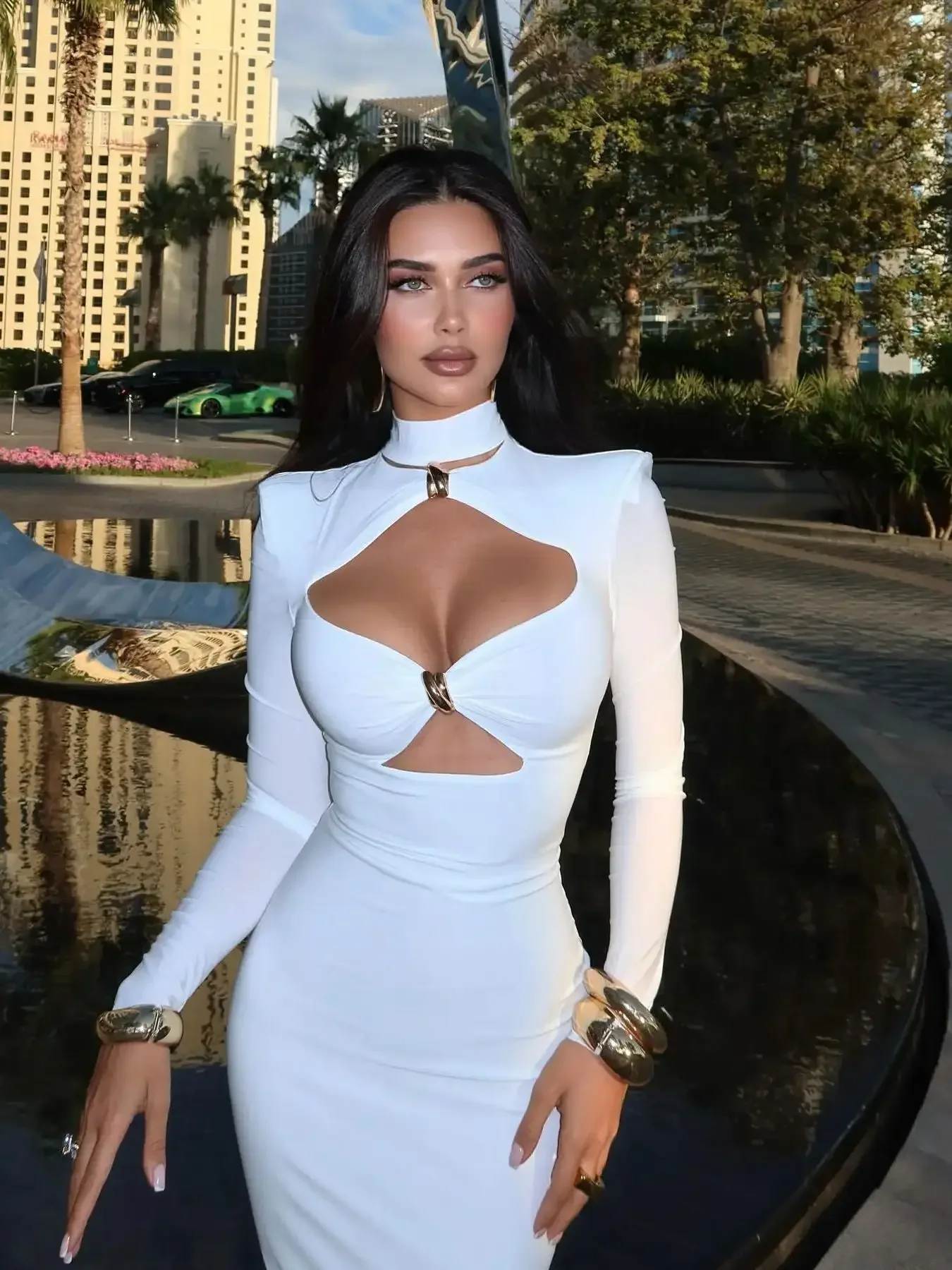 Cut Out Dress Women V Neck Long Sleeve Casual Column Summer Sexy Turtleneck Party Midi Dresses Gown