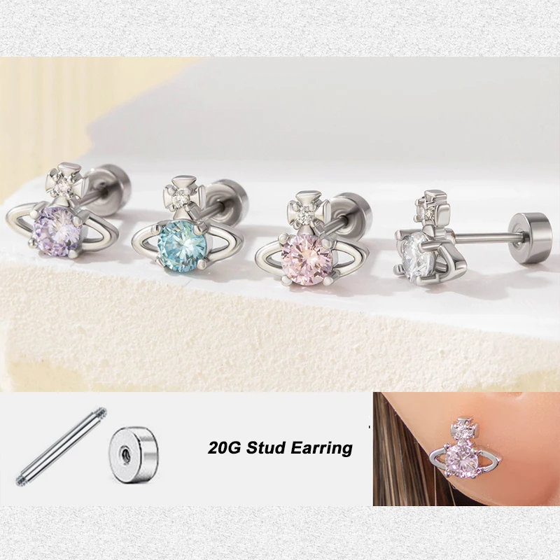 20g Niedliche CZ Schleifenohrringe mit Flachschraubverschluss, kleine Ohrstecker aus Titanstahl mit funkelndem Kristall und Zirkonia für Knorpelpiercings