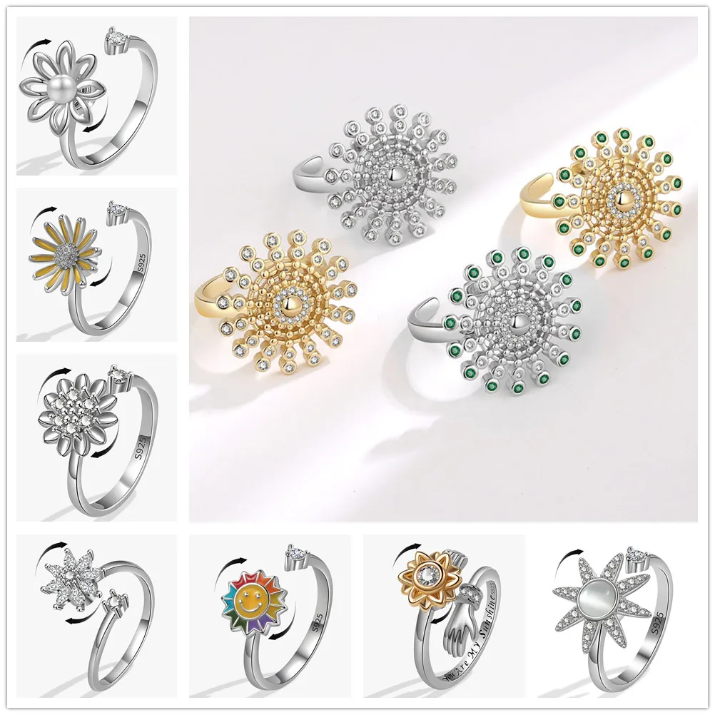 Sunflower Crystal Anxiety Relife Spinning Women'S Engagement Ring Metal Spinner Fidget Rotating Anti Stress Ring Anillos