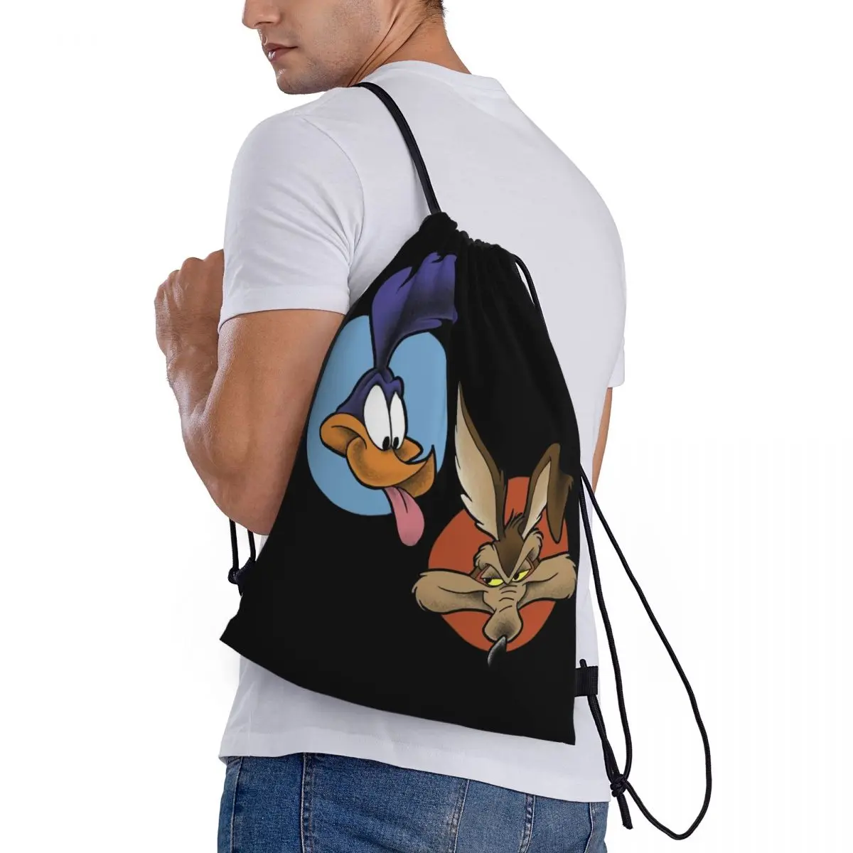 Custom Wile E. Coyote And The Road Runner Drawstring Backpack Bags Lightweight Cartoon Gym Sports Sackpack Sacks for Training