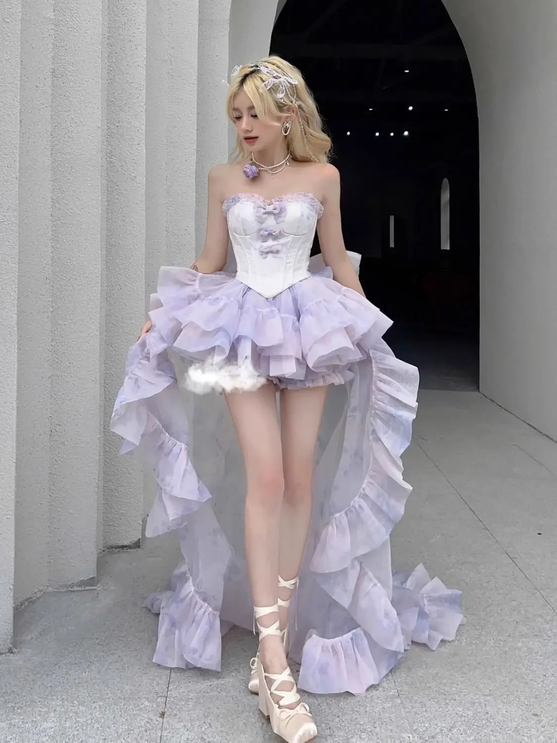 

Purple and Light Rising New Spirit Fluffy Skirt Dress Immortal Qi Super Immortal Princess Style Trailing Bra Dress