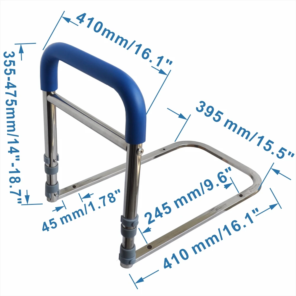 Trilho de cabeceira de aço inoxidável 304 de altura ajustável com alça macia e alça auxiliar de material antiderrapante para obter acordar