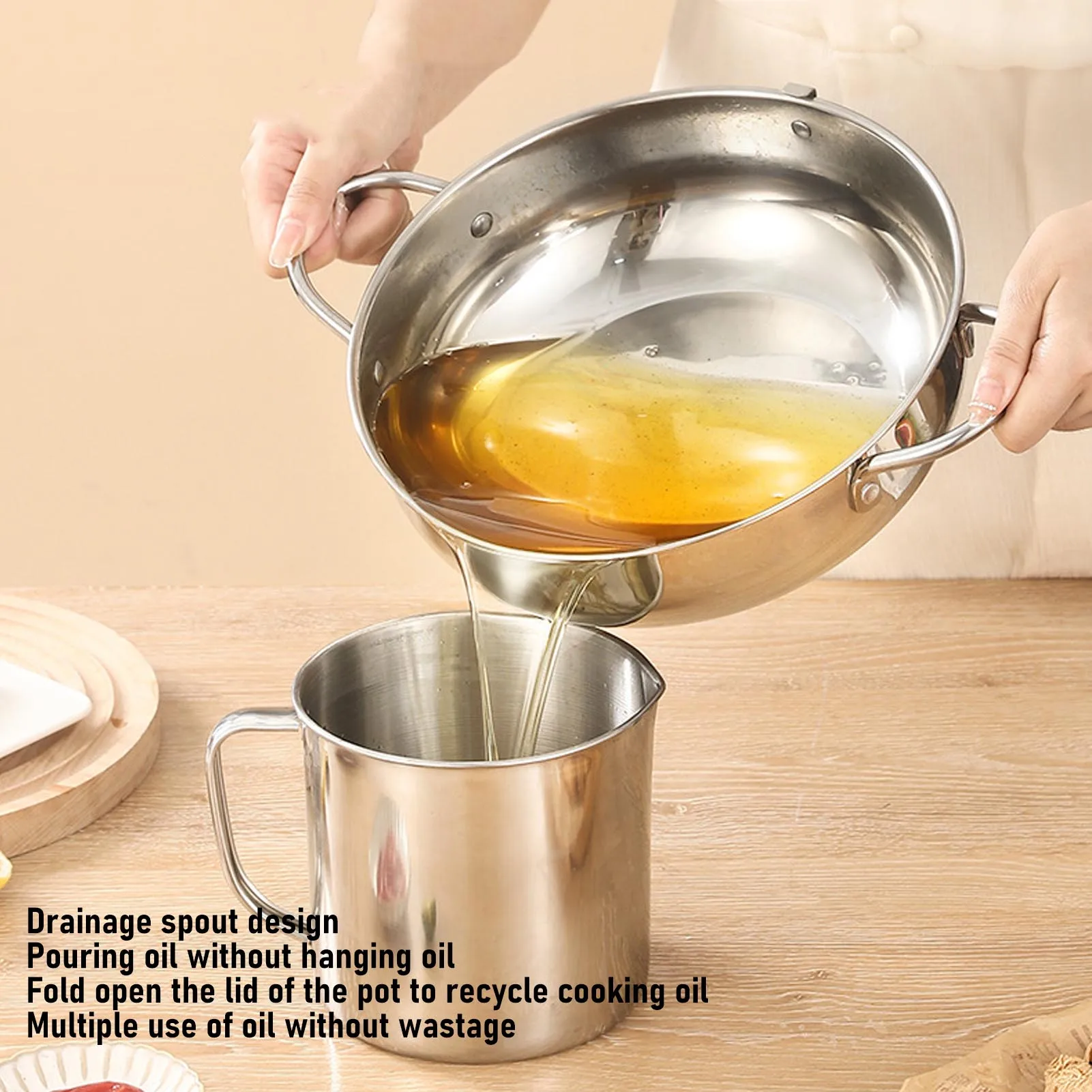 Frying Pot 3.2L Double Ear 201 Stainless Steel Deep Fryer Pot with Oil Drip Drainer Rack Thermometer for Tempura