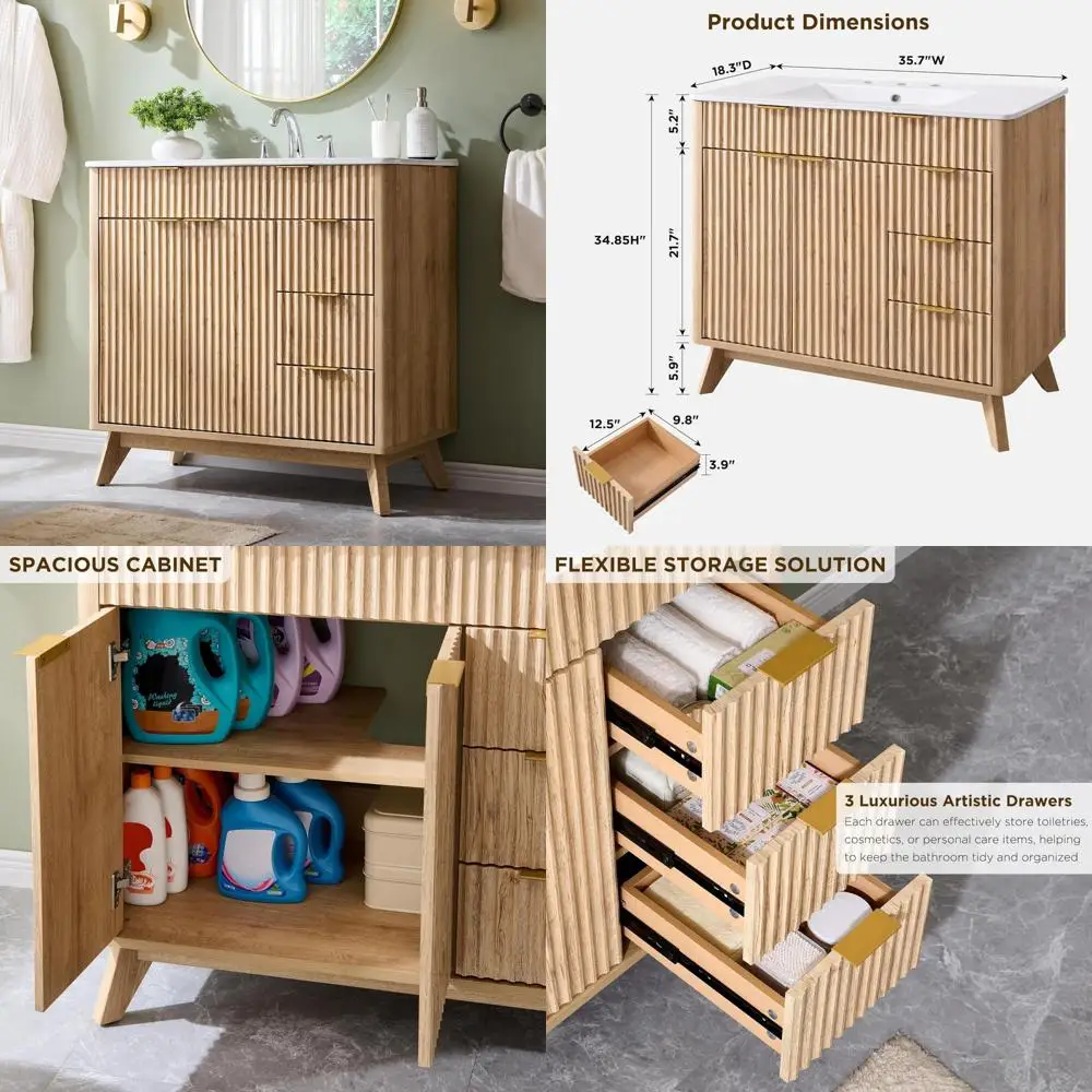 36 inch modern fluted vanity with ceramic sink and soft-close storage cabinet