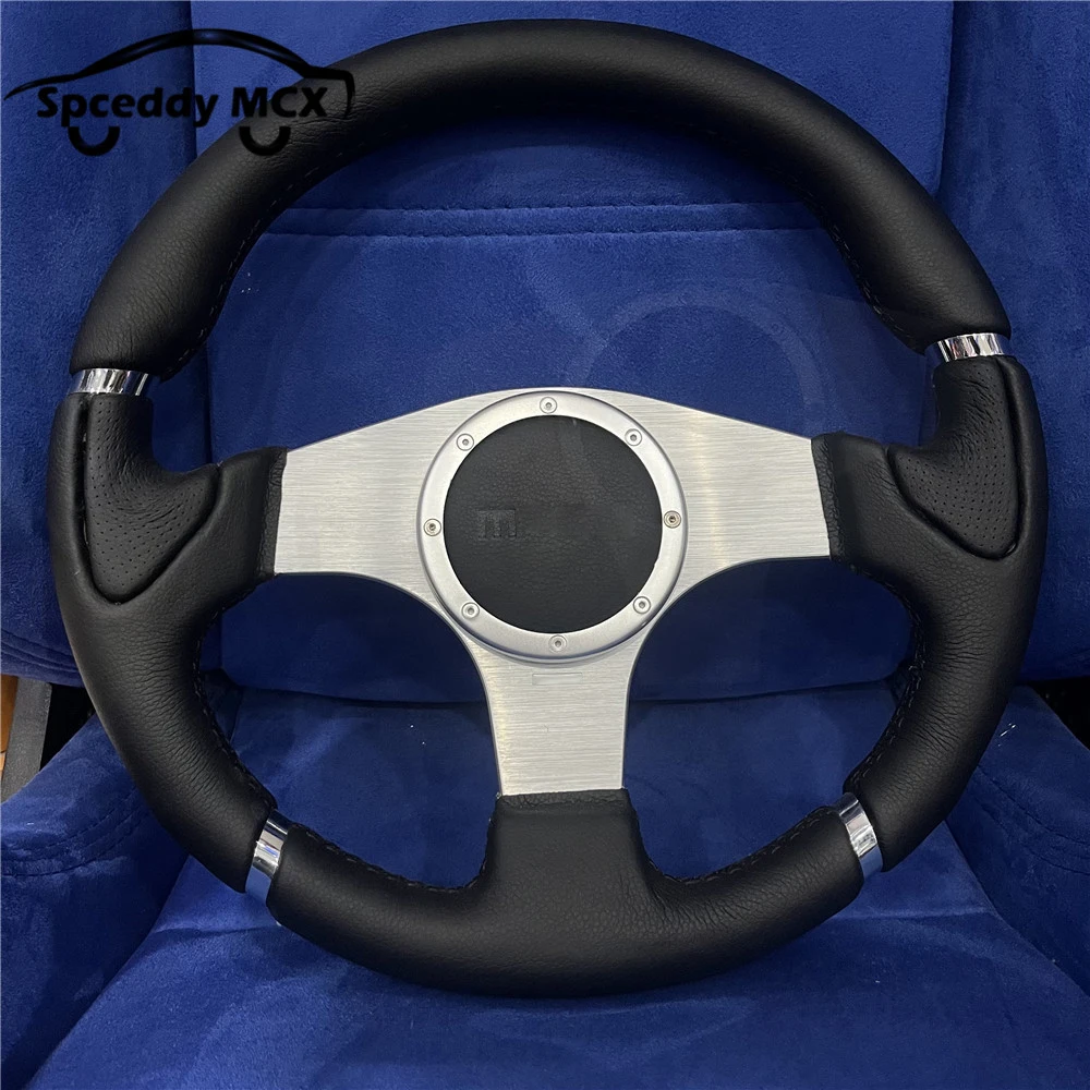 M 14inch Classic Silver Bracket Leather Steering Wheel Racing 350mm Car Sport