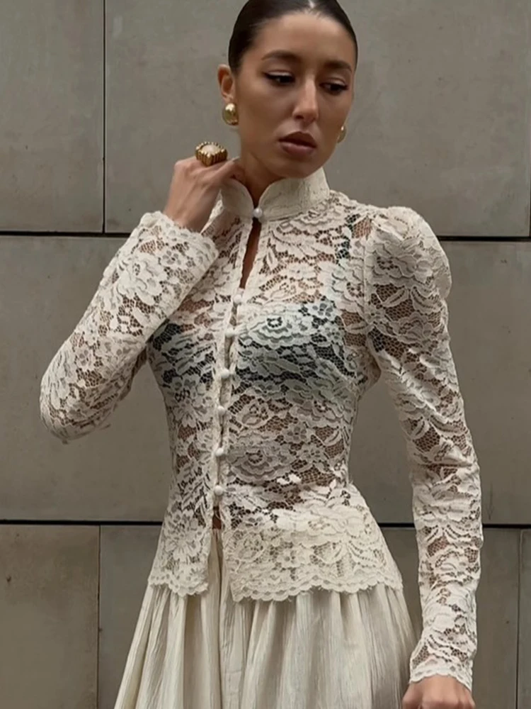 

Элегантная кружевная короткая рубашка, женская шикарная однобортная блузка с длинными рукавами и лацканами, повседневная весенняя женская рубашка 2026, уличные рубашки на каждый день