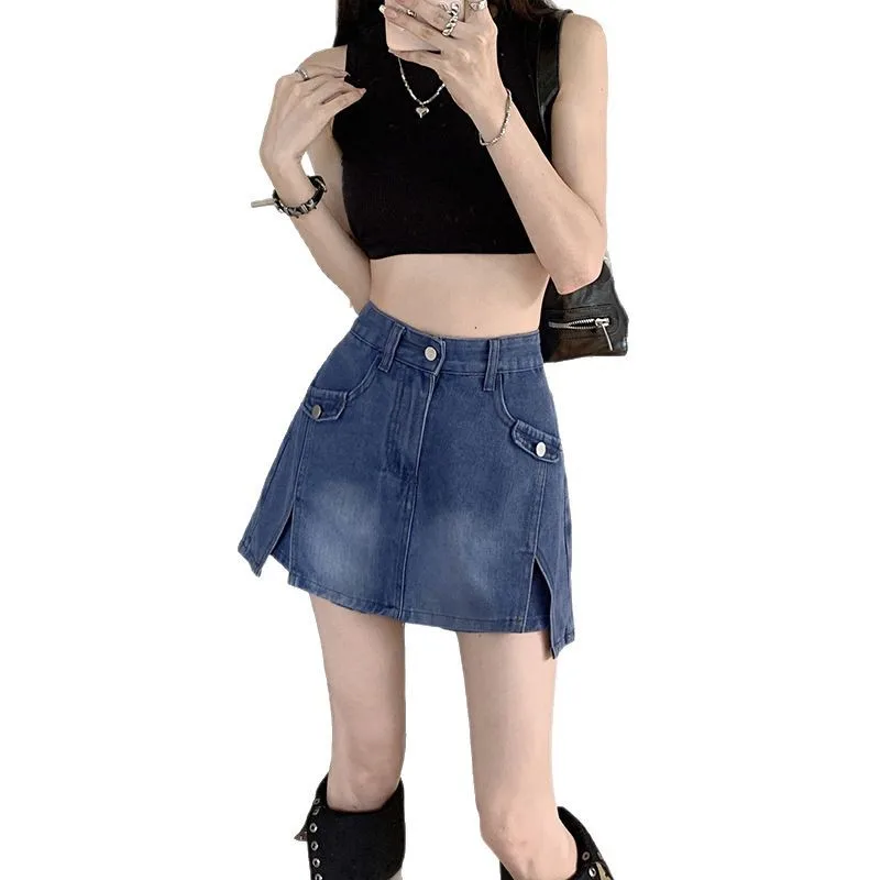 통근자 성격 불규칙한 데님 짧은 스커트 여성용, 여름 한국 디자인 센스, 하이 웨이스트 슬림 힙 랩 A 라인 반바지