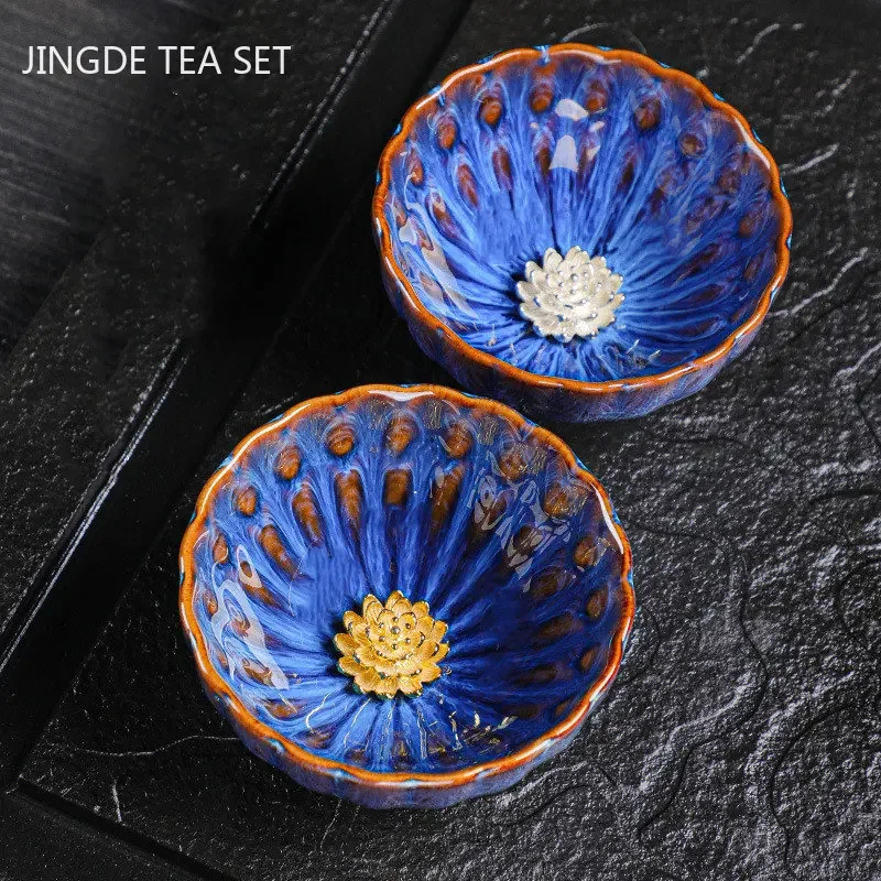 130ml Tradycyjna transformacja pieca Ceramiczna filiżanka do herbaty Domowy mistrz filiżanki Chiński zestaw do herbaty Akcesoria Ręcznie robiona srebrna wkładka do filiżanki do herbaty