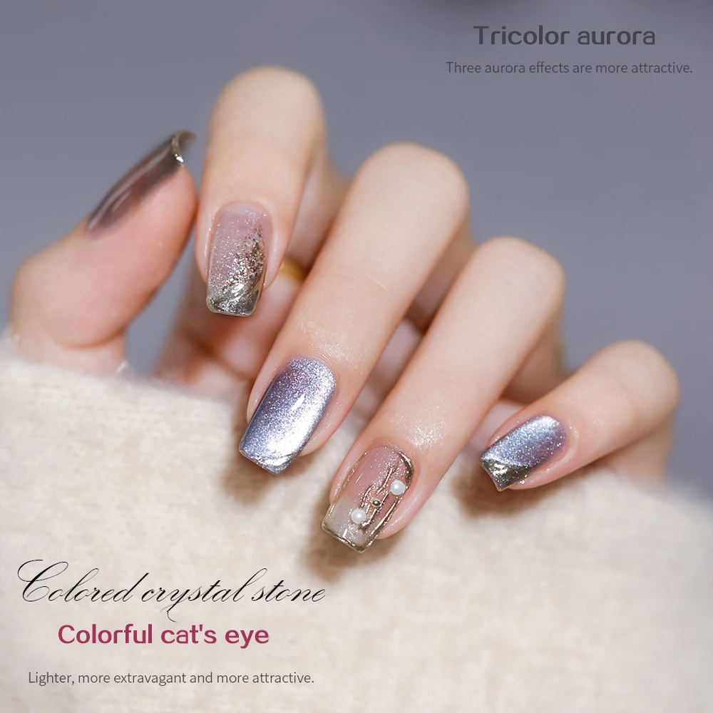 Vendeeni 15 Colors Glitter Aurora Sky Magnetic Nail Gel Holographic Cat Eye Gel Nail Polish Soak Off UV Magnet Nail Art Varnish