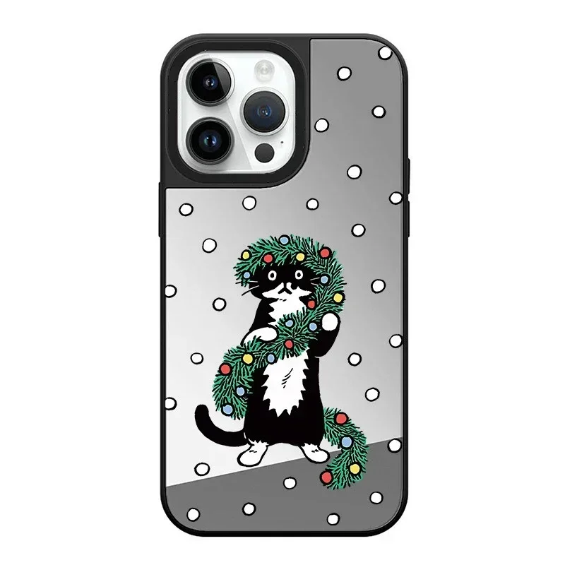 

Mirror Surface Christmas Cat Bear Dinosaur Phone Case Cover for iPhone 14 13 12 11 15 Pro Max Case for iPhone 15 ProMax