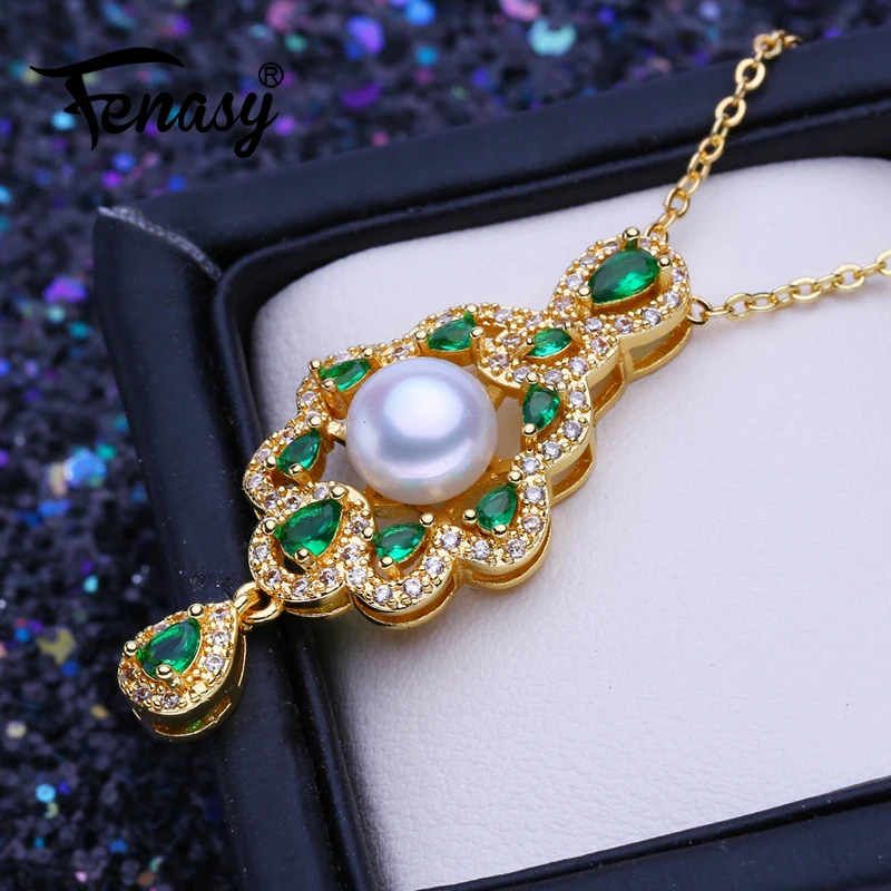 FENASY Bohemian Party Luxury Emerald Gold Color Pendant Natural Freshwater Pearl Necklaces For Women Idea Gift