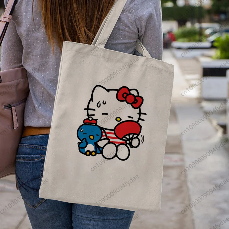 

Летняя холщовая сумка через плечо с принтом Hello Kitty, большая вместительная сумка для колледжа в стиле Харадзюку, женская сумка для покупок