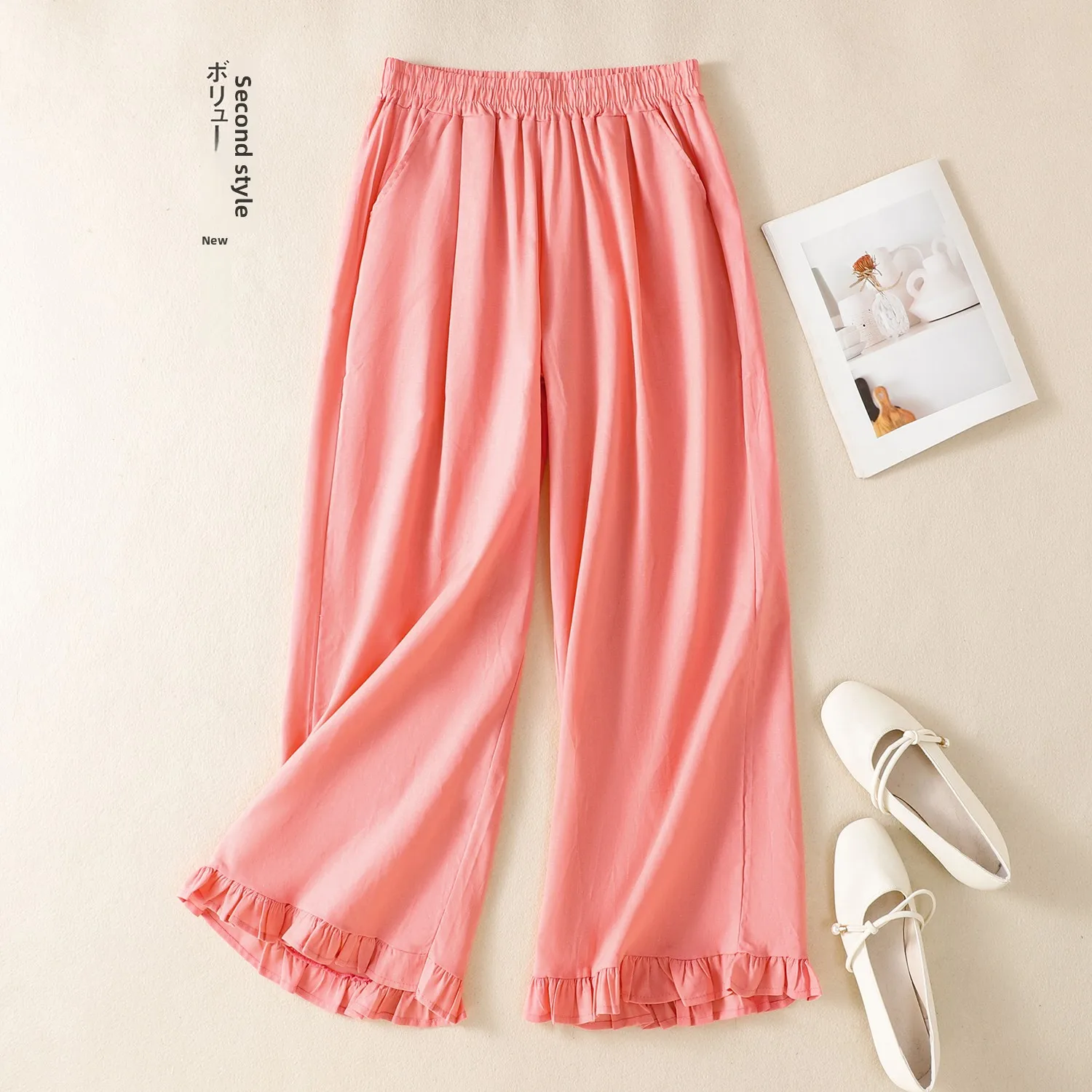 Letnie Nowe Artystyczne Retro Lniane Luźne Wyszczuplające Uniwersalne Młodzieżowe Drewniane Spodnie z Szerokimi Nogawkami Fioletowe Elastyczne w Pasie Casual