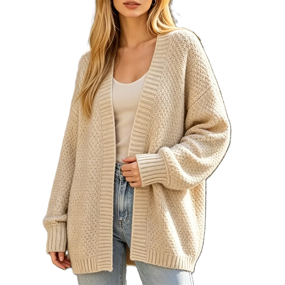 Women\'s Solid Mid-Length for Knit Cardigan Coat Loose Regular for Fit Polyester Fabric for Layering Casual Wear in Spring